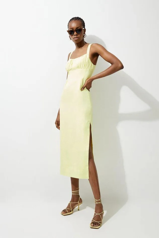 Dresses Women Karen Millen Viscose Linen Woven Strappy Midi Dress Lemon