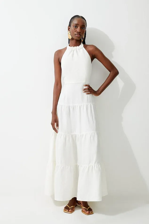 Dresses Women Karen Millen Viscose Linen Woven Tiered Halter Maxi Dress White