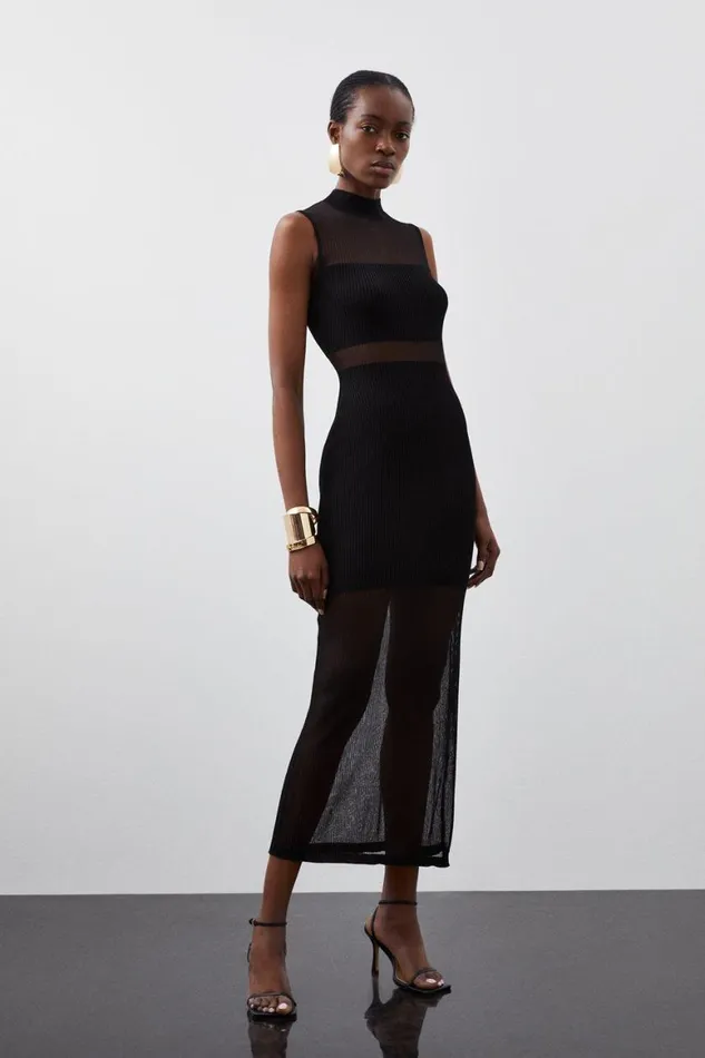 Dresses Women Karen Millen Viscose Sheer Knit Column Midaxi Dress Black