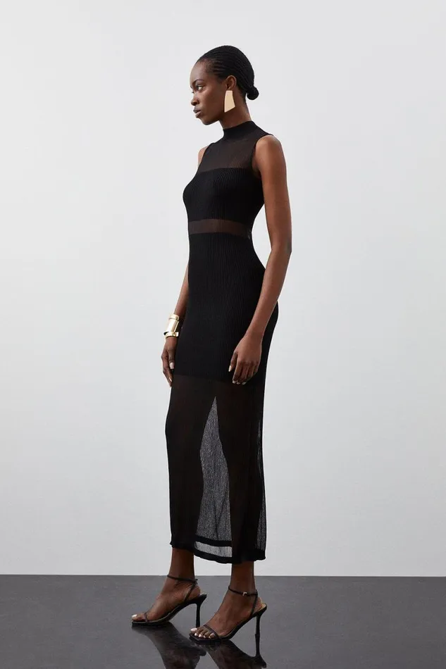 Dresses Women Karen Millen Viscose Sheer Knit Column Midaxi Dress Black