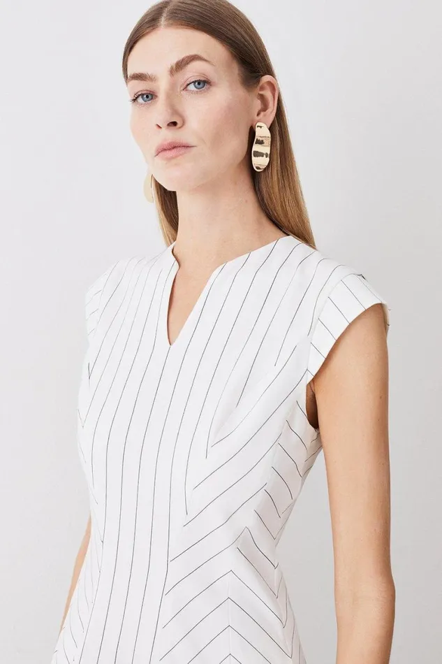 Dresses Women Karen Millen White Pin Stripe Asymmetric Seam Detail Midaxi White