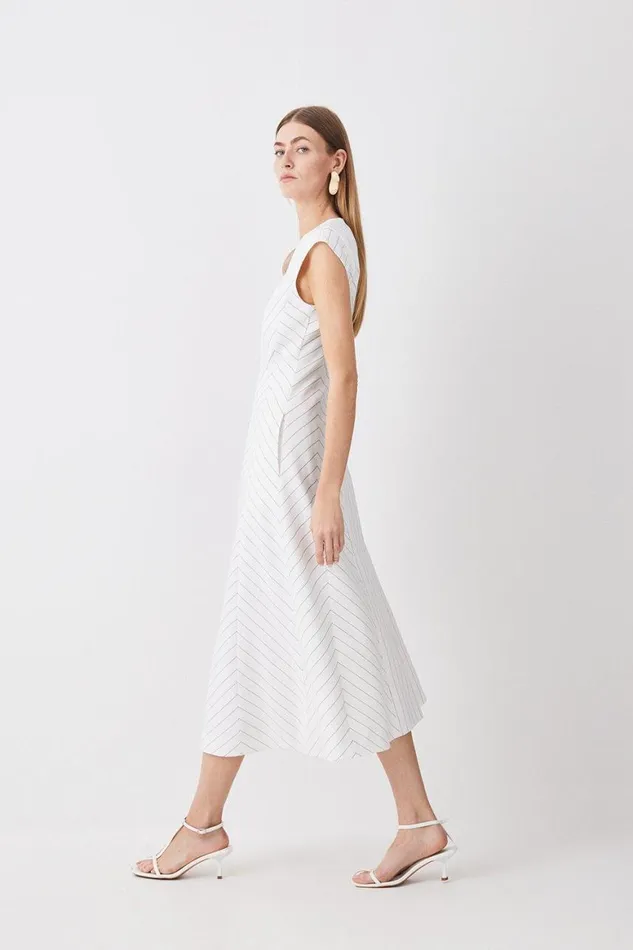 Dresses Women Karen Millen White Pin Stripe Asymmetric Seam Detail Midaxi White