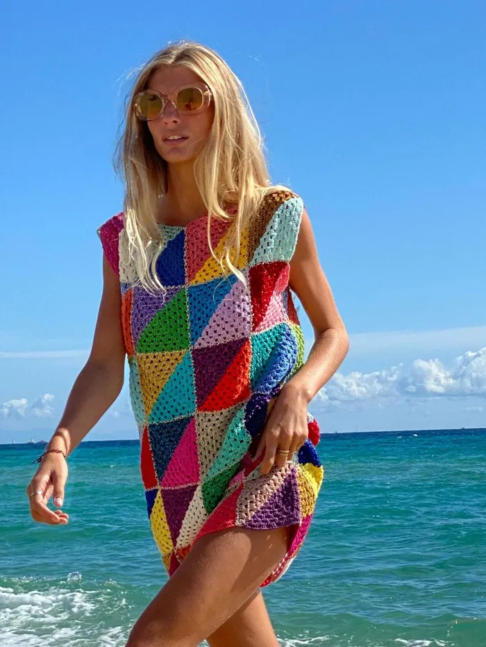 Dresses Women Rose Carmine SHORT DRESS NO SLEEVES DIAGONALES MULTICOLOR