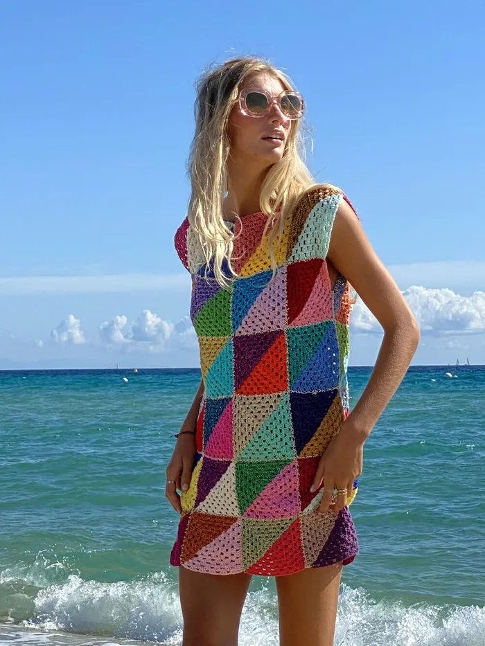 Dresses Women Rose Carmine SHORT DRESS NO SLEEVES DIAGONALES MULTICOLOR