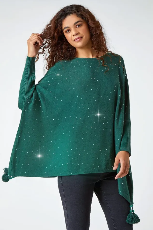 Emerald Longline Sparkle Embellished Tassel Poncho Women Roman Knitwear