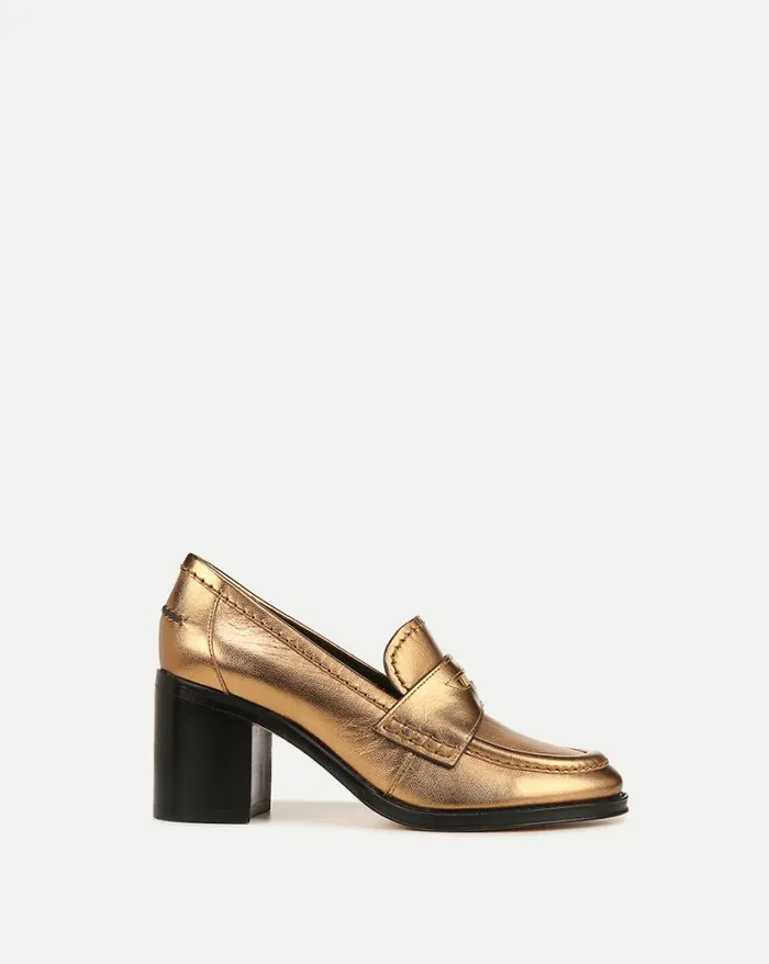 Flats and Loafers Shop Veronica Beard Penny Leather Loafer Heel Gold