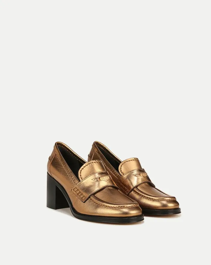 Flats and Loafers Shop Veronica Beard Penny Leather Loafer Heel Gold