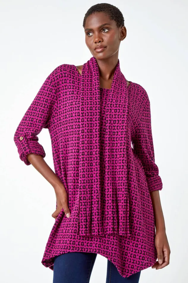 Fuchsia Abstract Print Stretch Tunic Top and Scarf Women Roman Tops