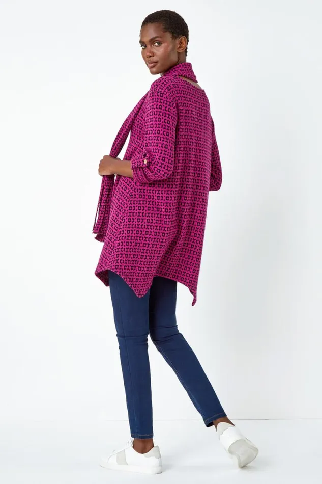 Fuchsia Abstract Print Stretch Tunic Top and Scarf Women Roman Tops