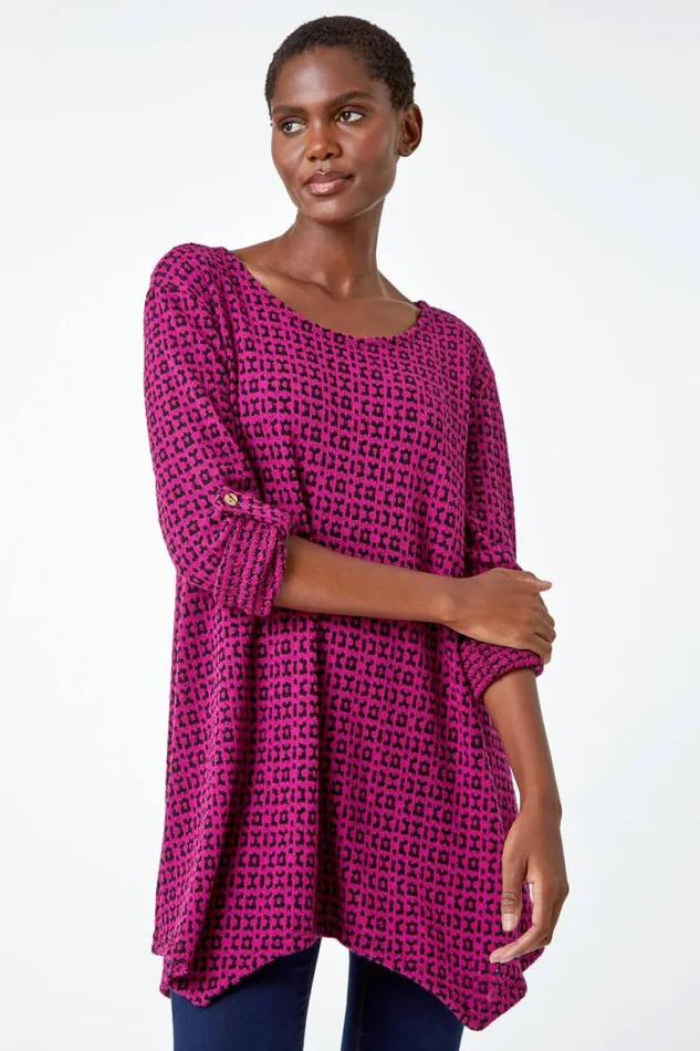 Fuchsia Abstract Print Stretch Tunic Top and Scarf Women Roman Tops