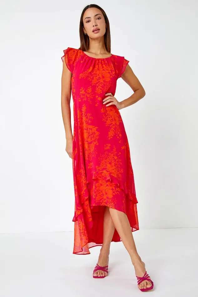 Fuchsia Floral Frill Detail Chiffon Midi Dress Women Roman Dresses