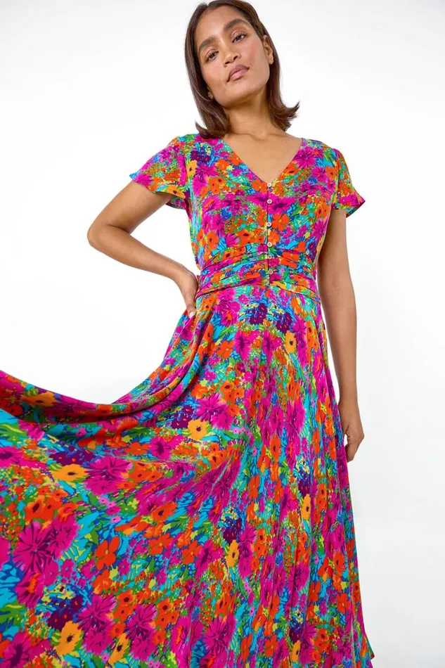 Fuchsia Floral Ruched Waist Midi Dress Women Roman Dresses