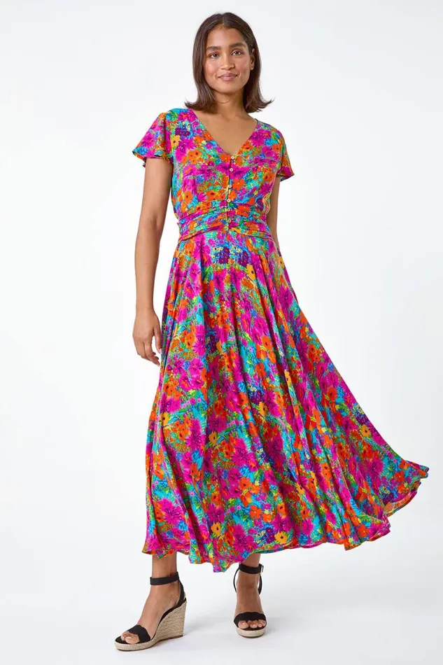 Fuchsia Floral Ruched Waist Midi Dress Women Roman Dresses