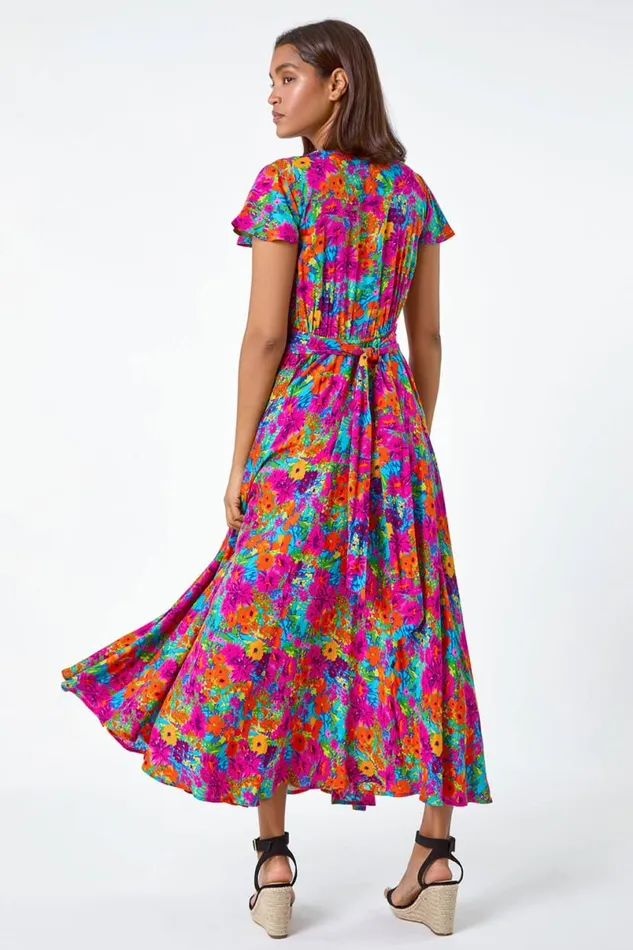 Fuchsia Floral Ruched Waist Midi Dress Women Roman Dresses