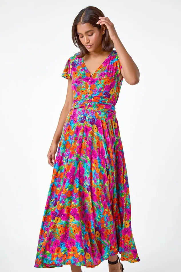 Fuchsia Floral Ruched Waist Midi Dress Women Roman Dresses