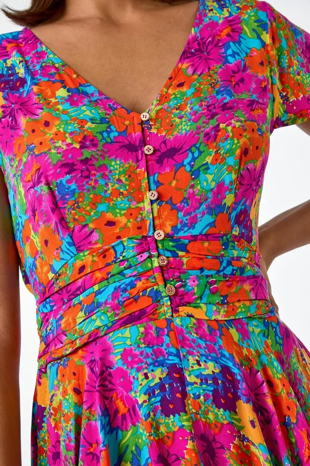 Fuchsia Floral Ruched Waist Midi Dress Women Roman Dresses