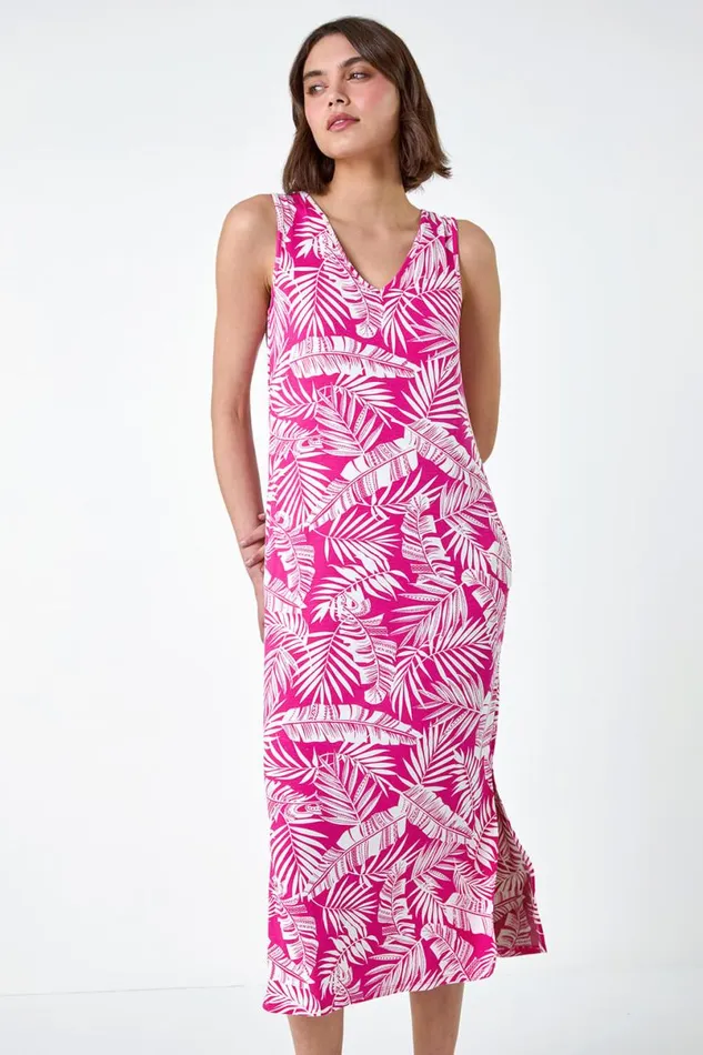Fuchsia Leaf Print Stretch Midi Dress Women Roman Dresses