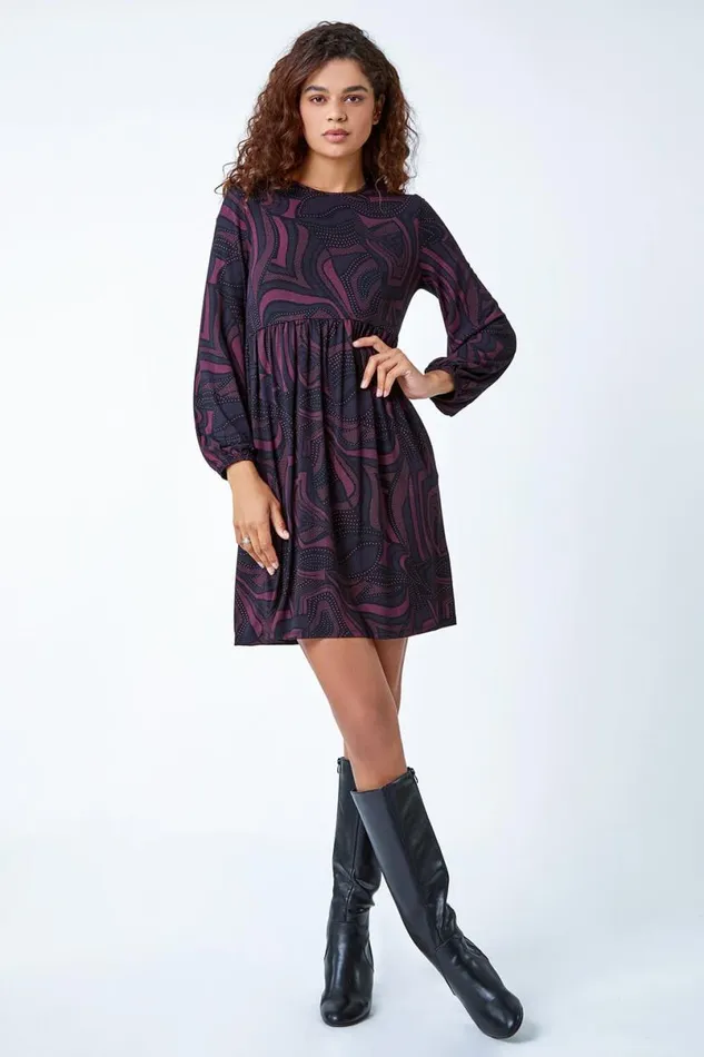 Fuchsia Swirl Print Pocket Stretch Smock Dress Women Roman Dresses