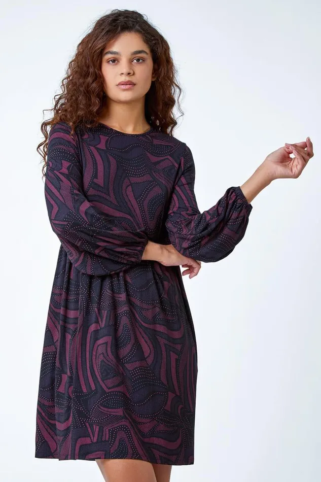 Fuchsia Swirl Print Pocket Stretch Smock Dress Women Roman Dresses