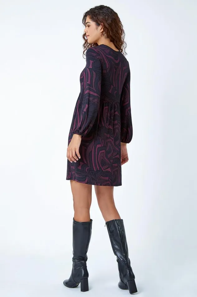 Fuchsia Swirl Print Pocket Stretch Smock Dress Women Roman Dresses