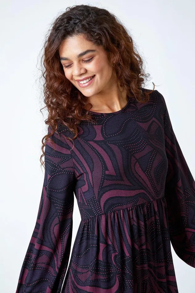 Fuchsia Swirl Print Pocket Stretch Smock Dress Women Roman Dresses