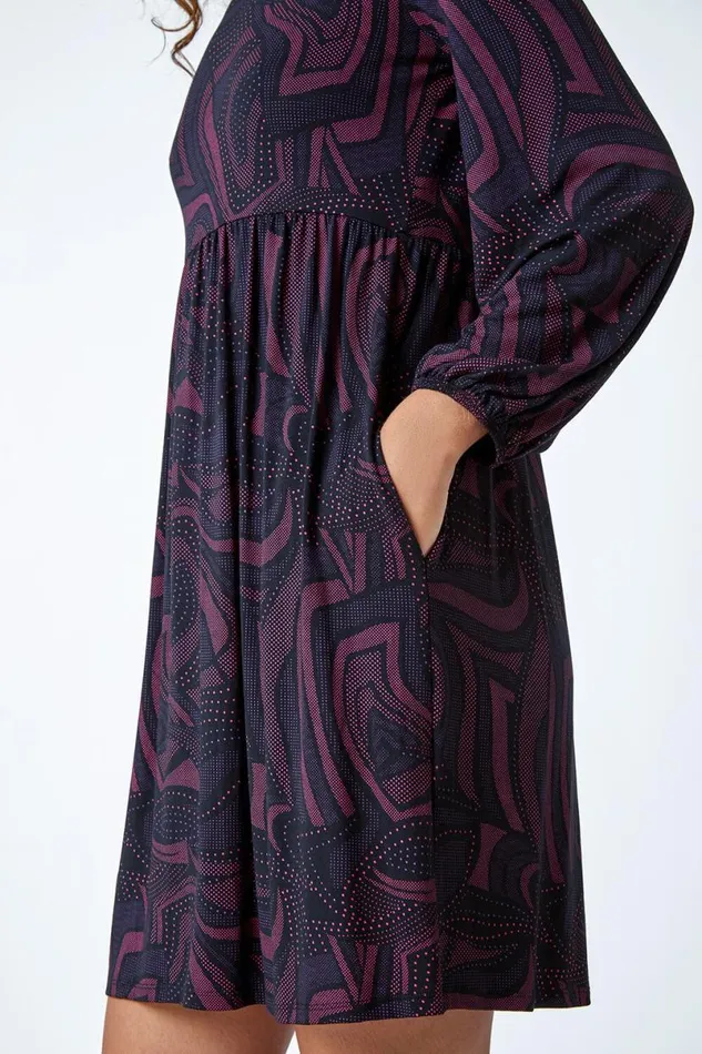 Fuchsia Swirl Print Pocket Stretch Smock Dress Women Roman Dresses