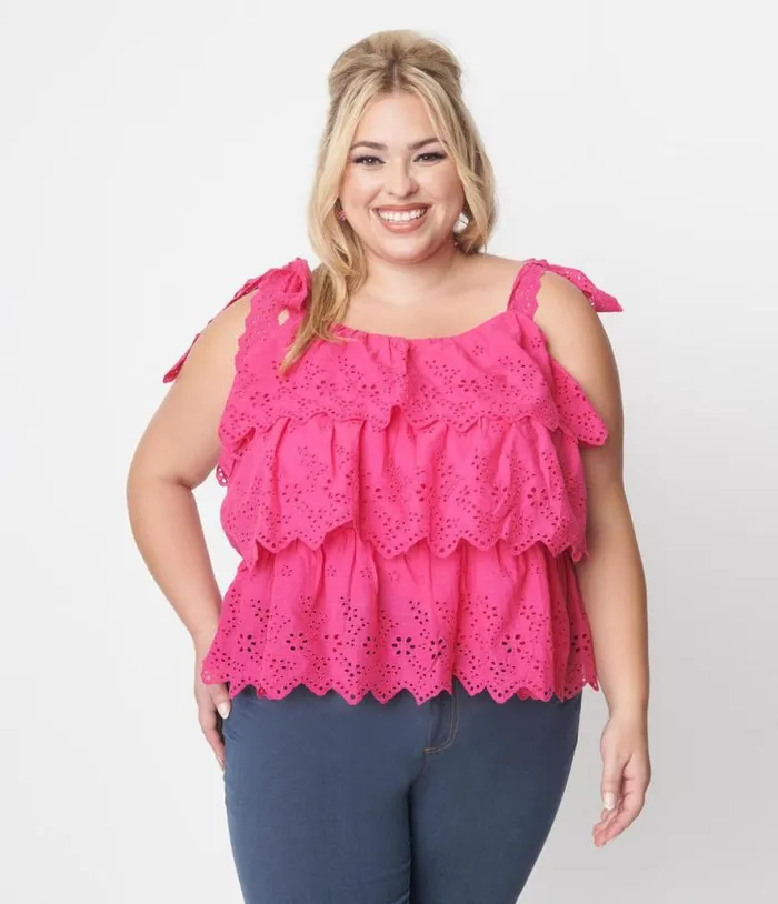 Fuchsia Tiered Eyelet Blouse Clothing Unique Vintage Blouses