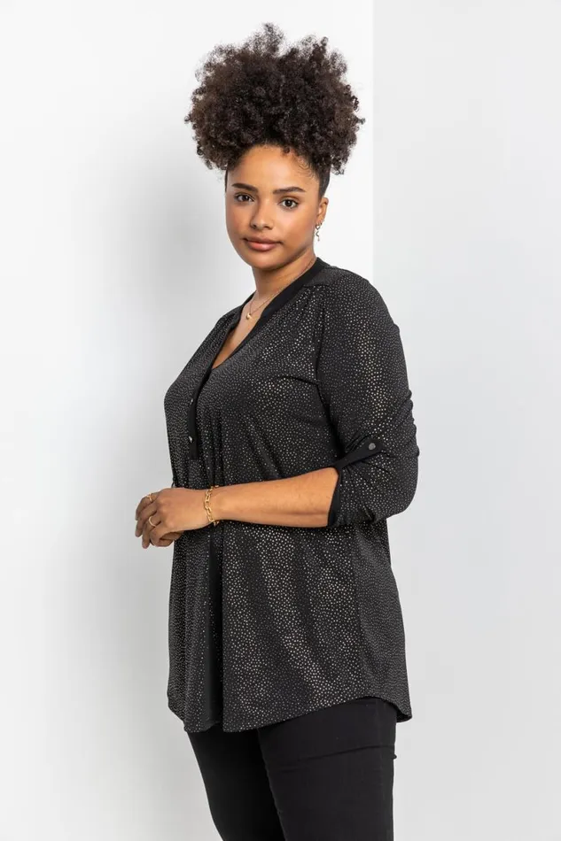 Gold Curve Glitter Button Tunic Top Women Roman Tops