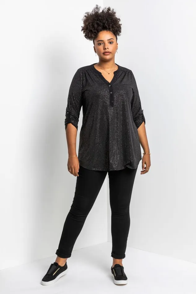 Gold Curve Glitter Button Tunic Top Women Roman Tops