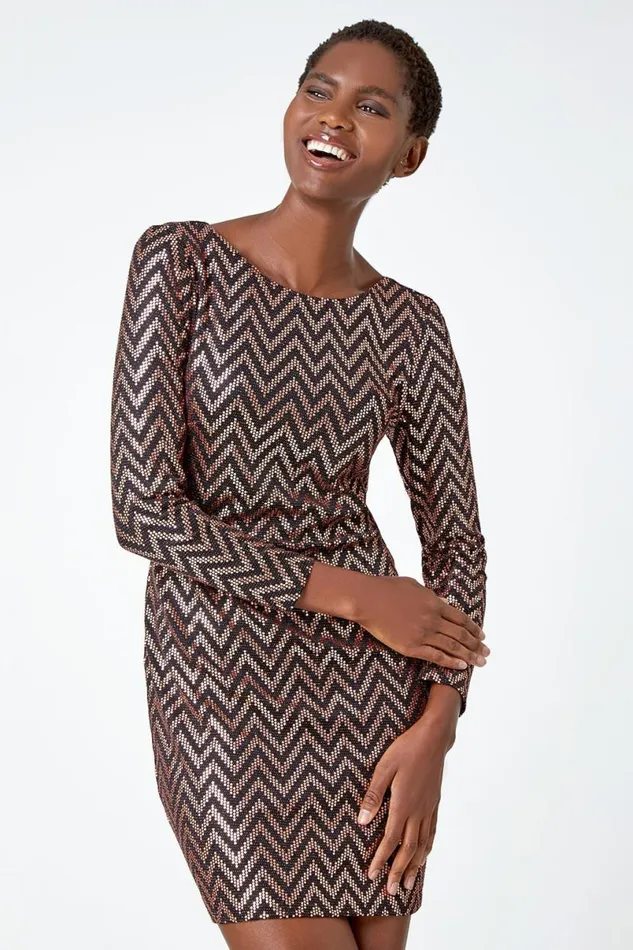 Gold Zig Zag Sequin Stretch Dress Women Roman Dresses
