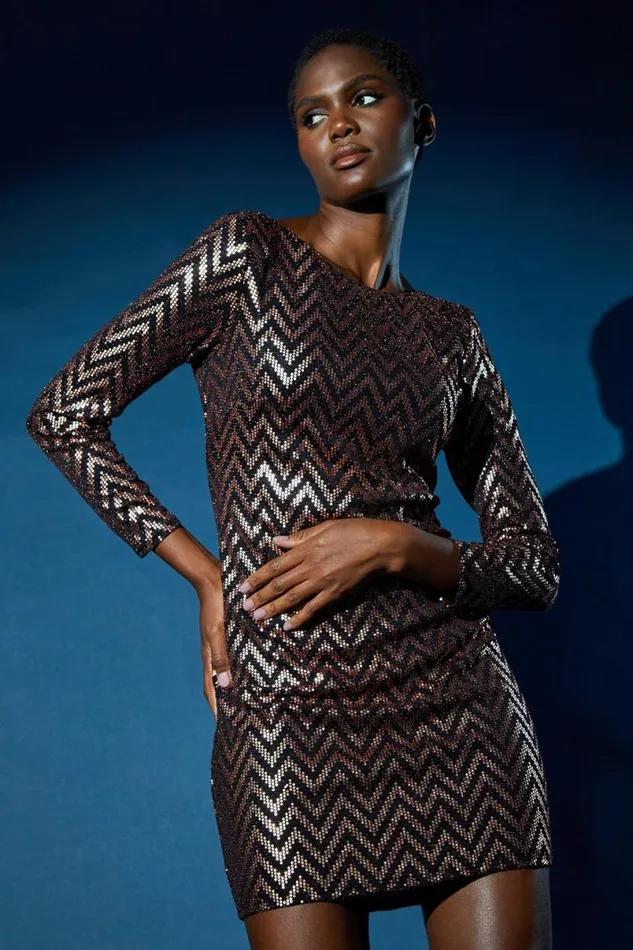 Gold Zig Zag Sequin Stretch Dress Women Roman Dresses