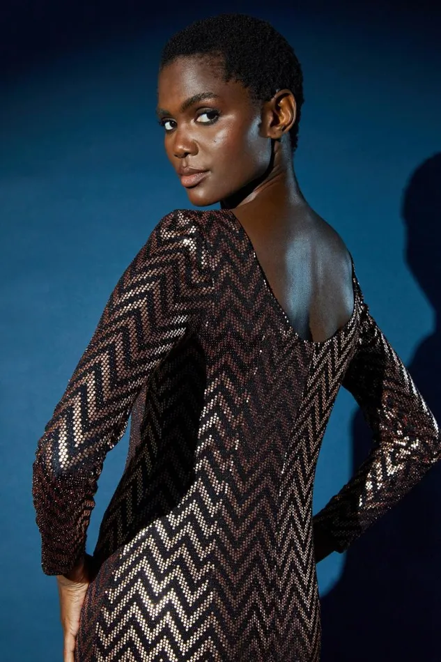 Gold Zig Zag Sequin Stretch Dress Women Roman Dresses
