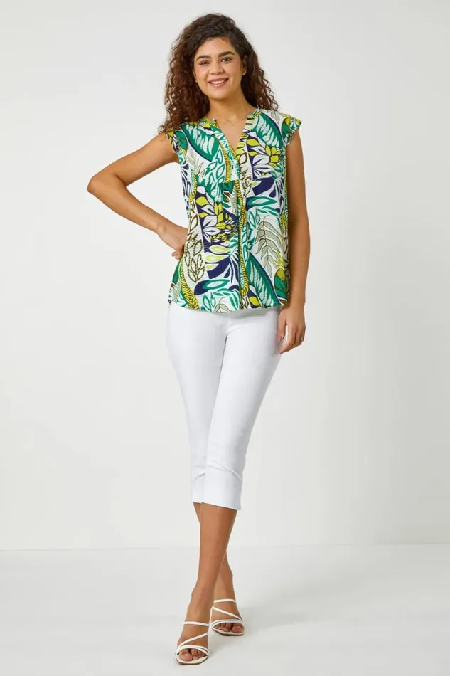 Green Abstract Leaf Print Frill VNeck Blouse Women Roman Tops
