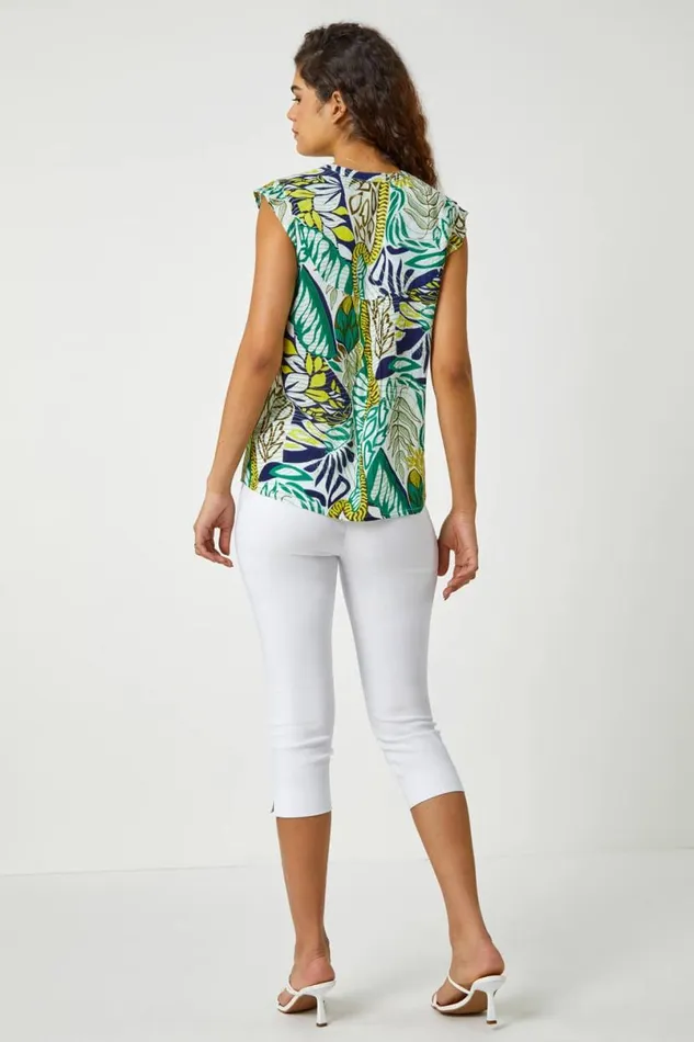 Green Abstract Leaf Print Frill VNeck Blouse Women Roman Tops
