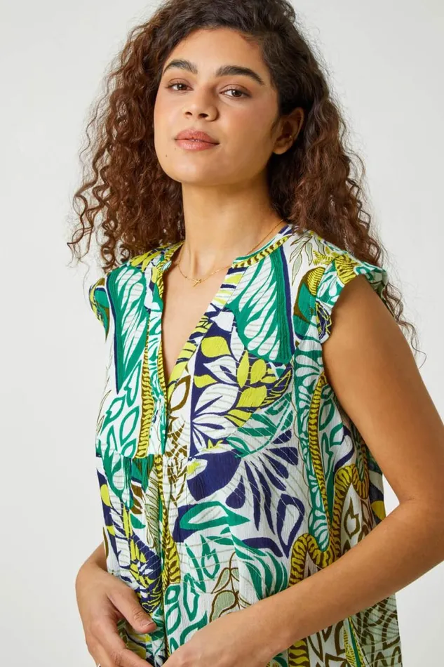 Green Abstract Leaf Print Frill VNeck Blouse Women Roman Tops