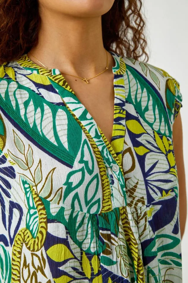 Green Abstract Leaf Print Frill VNeck Blouse Women Roman Tops