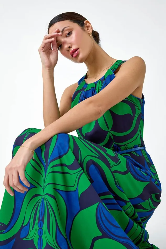 Green Abstract Print Halter Neck Maxi Dress Women Roman Dresses