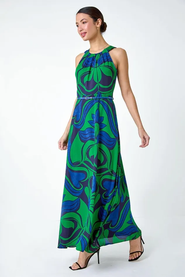 Green Abstract Print Halter Neck Maxi Dress Women Roman Dresses