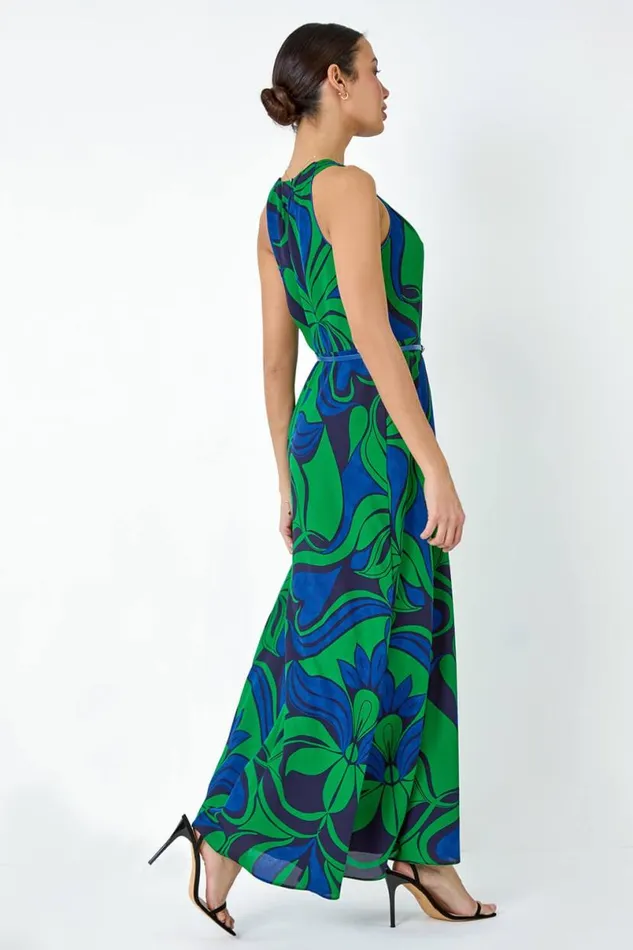 Green Abstract Print Halter Neck Maxi Dress Women Roman Dresses