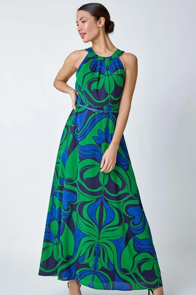 Green Abstract Print Halter Neck Maxi Dress Women Roman Dresses