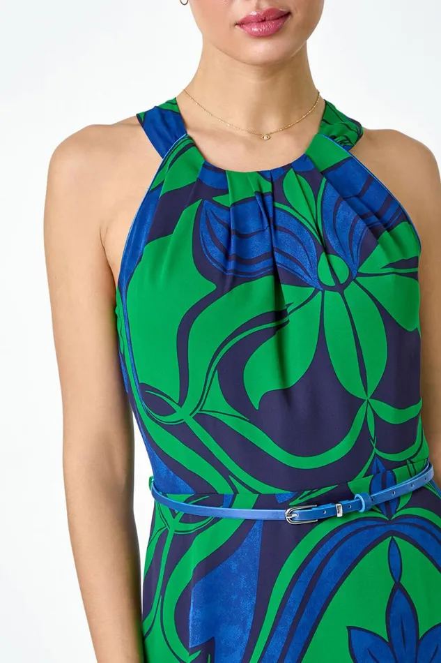 Green Abstract Print Halter Neck Maxi Dress Women Roman Dresses