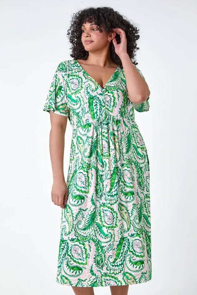 Green Curve Ruched Front Paisley Print Dress Women Roman Dresses