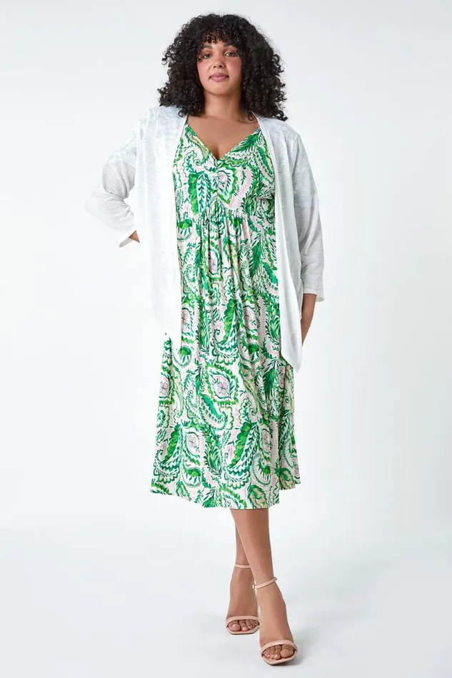 Green Curve Ruched Front Paisley Print Dress Women Roman Dresses