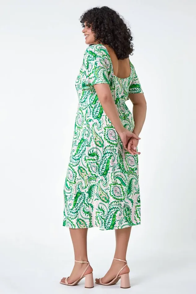 Green Curve Ruched Front Paisley Print Dress Women Roman Dresses