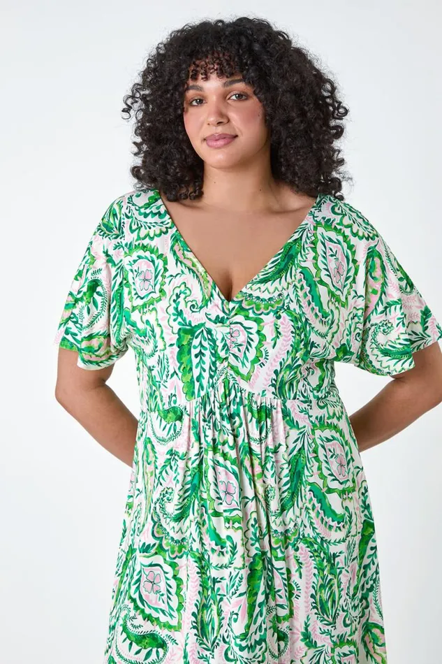 Green Curve Ruched Front Paisley Print Dress Women Roman Dresses