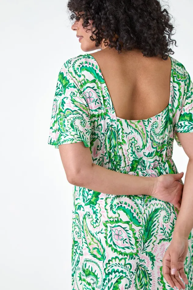 Green Curve Ruched Front Paisley Print Dress Women Roman Dresses