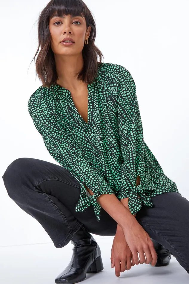 Green Ditsy Bow Tie Sleeve VNeck Top Women Roman Tops