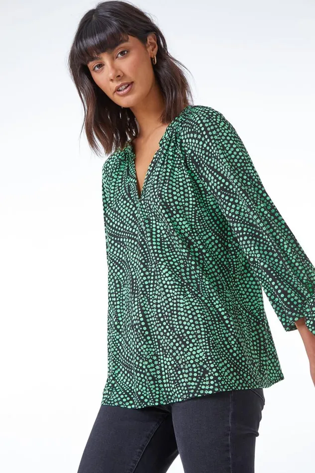 Green Ditsy Bow Tie Sleeve VNeck Top Women Roman Tops