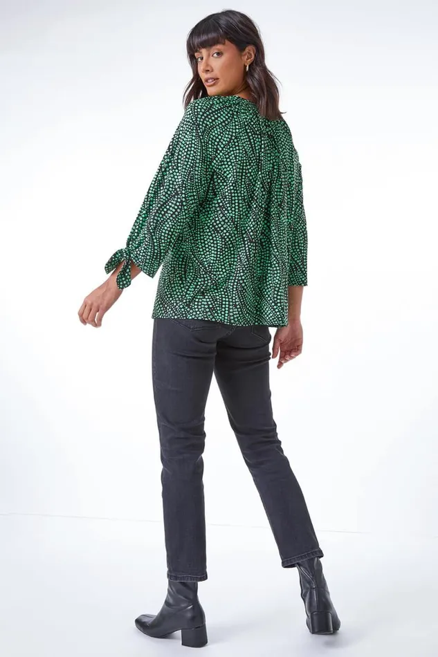Green Ditsy Bow Tie Sleeve VNeck Top Women Roman Tops