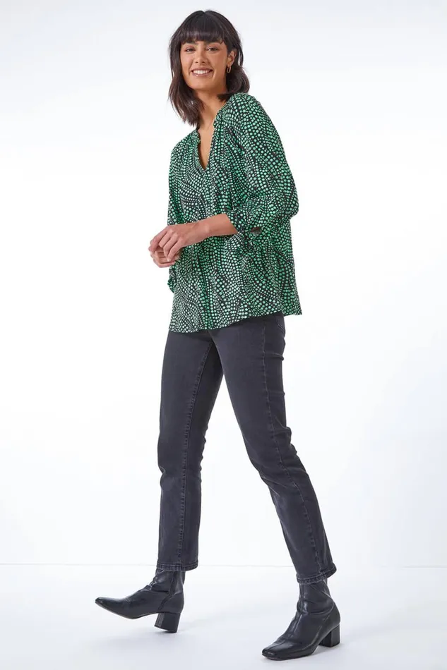 Green Ditsy Bow Tie Sleeve VNeck Top Women Roman Tops